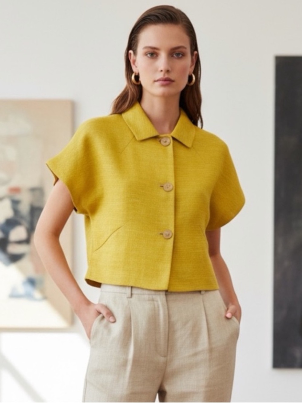 Piazza Sempione Mustard Yellow Cropped Linen Jacket IT 44 US 8 Quiet Luxury